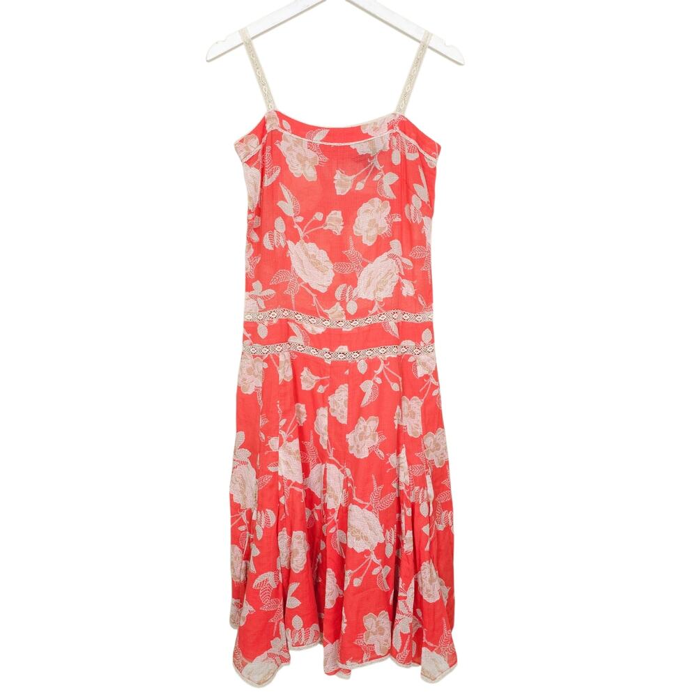 French Connection Orange Coral Cotton Lace Floral Pleated Sheer Midi Dress 4